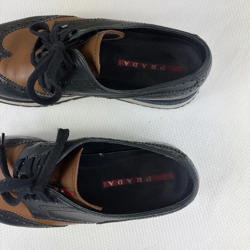 Prada Vit Montana derby calf leather platform sports Wing-Tip Brown Navy US 7.5
